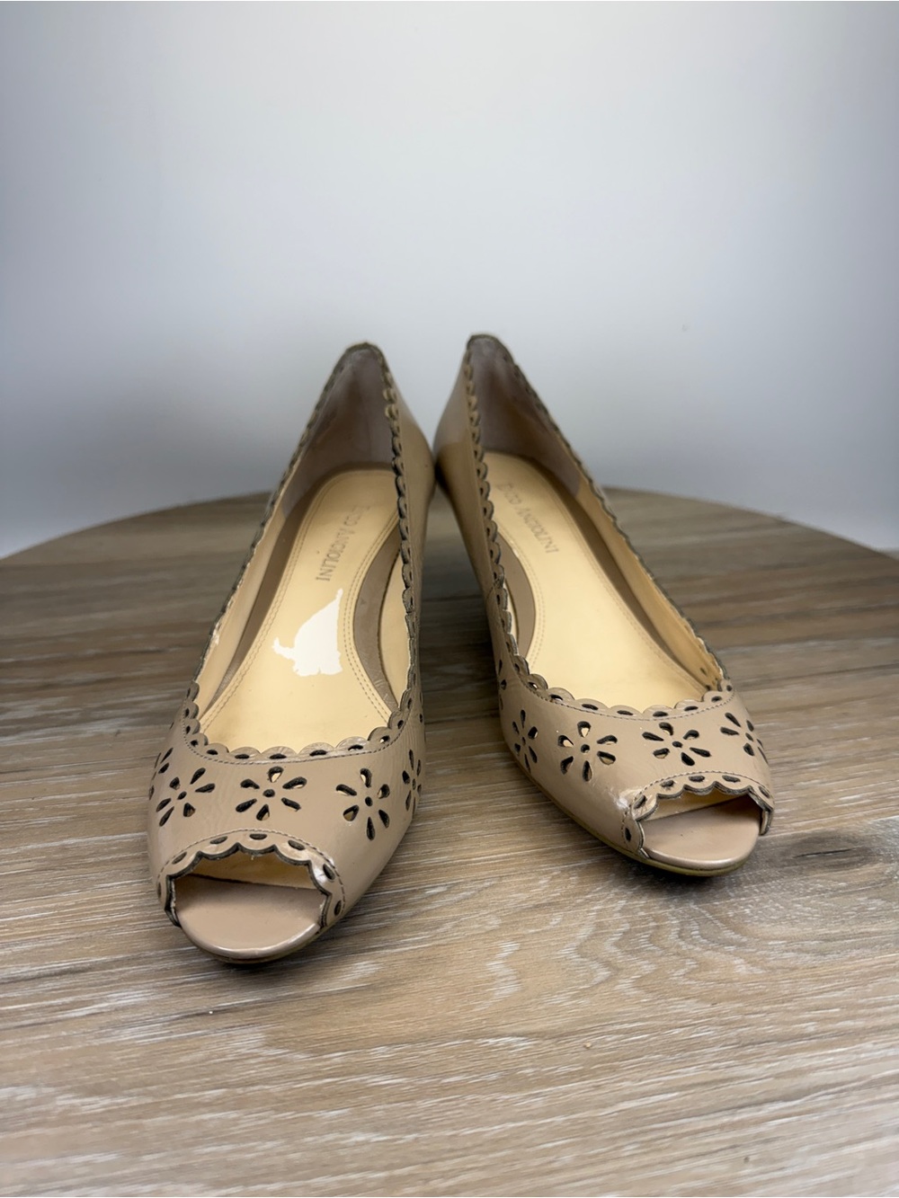 Enzo Angiolini Beige Laser-Cut Peep-Toe Pumps